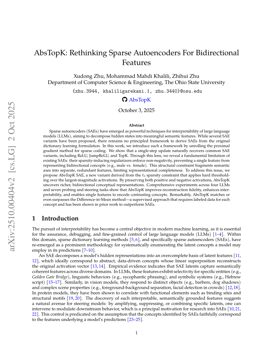 Cover of AbsTopK: Rethinking Sparse Autoencoders For Bidirectional Features