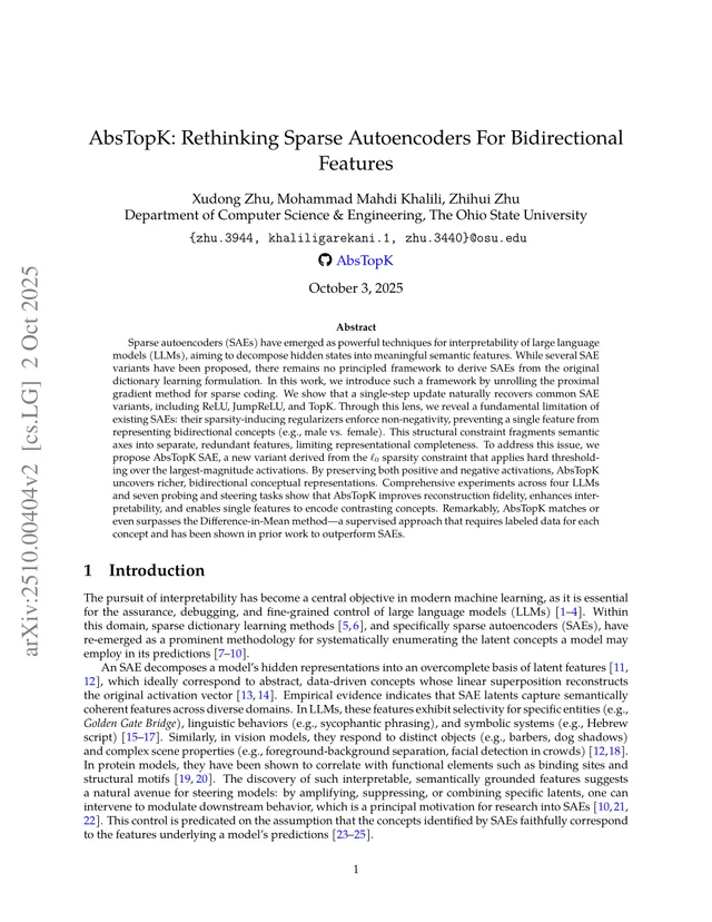 Cover of AbsTopK: Rethinking Sparse Autoencoders For Bidirectional Features