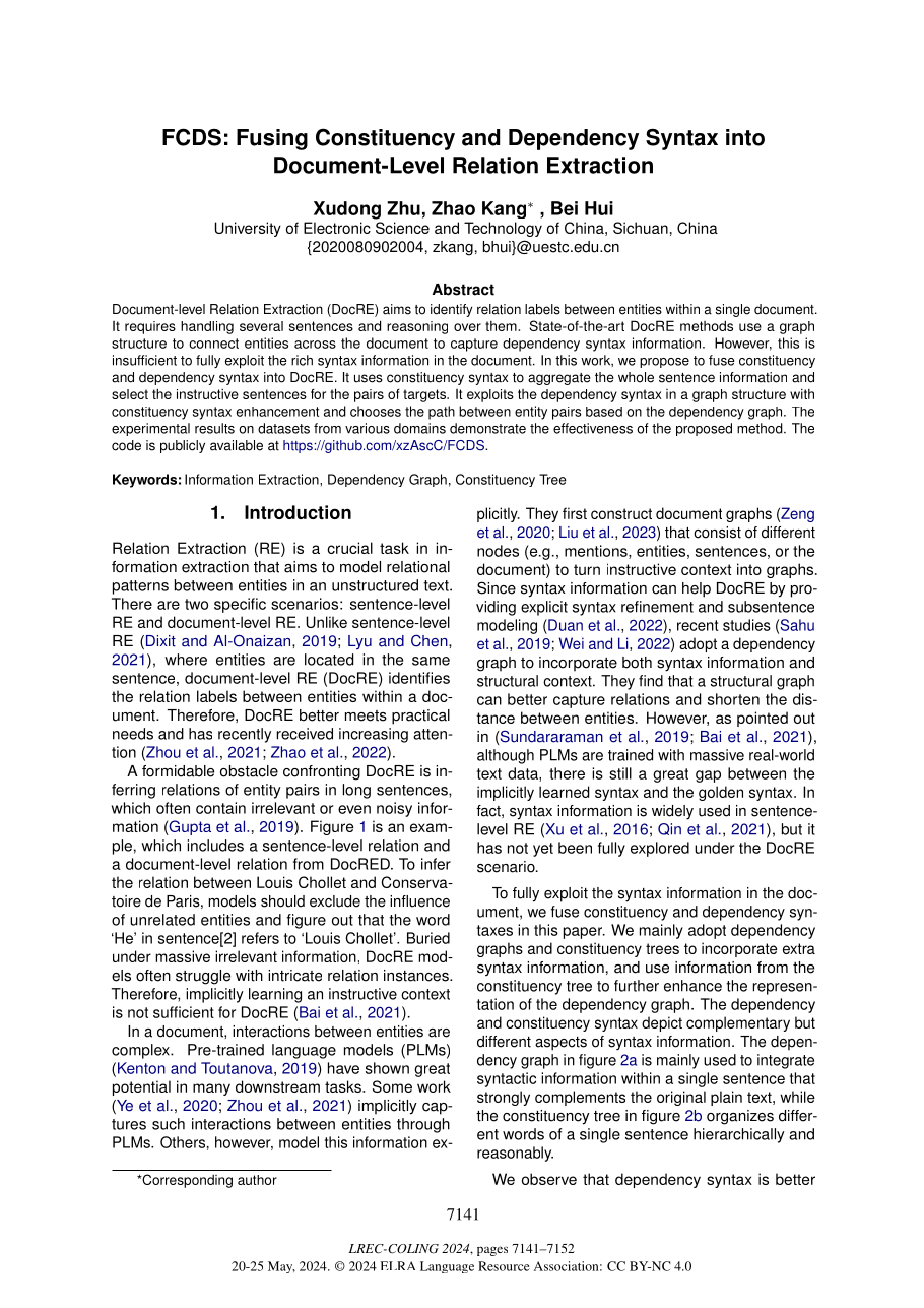 Cover of FCDS: Fusing Constituency and Dependency Syntax into Document-Level Relation Extraction
