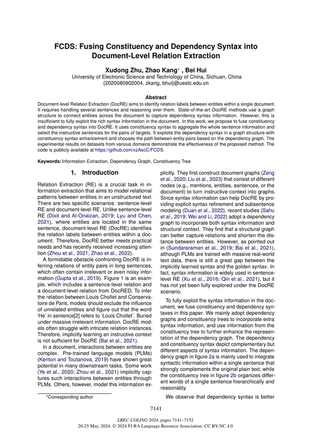 Cover of FCDS: Fusing Constituency and Dependency Syntax into Document-Level Relation Extraction