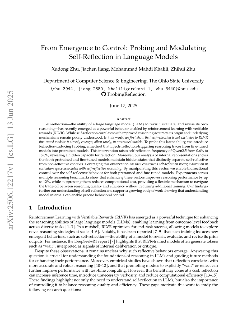 Cover of From Emergence to Control: Probing and Modulating Self-Reflection in Language Models